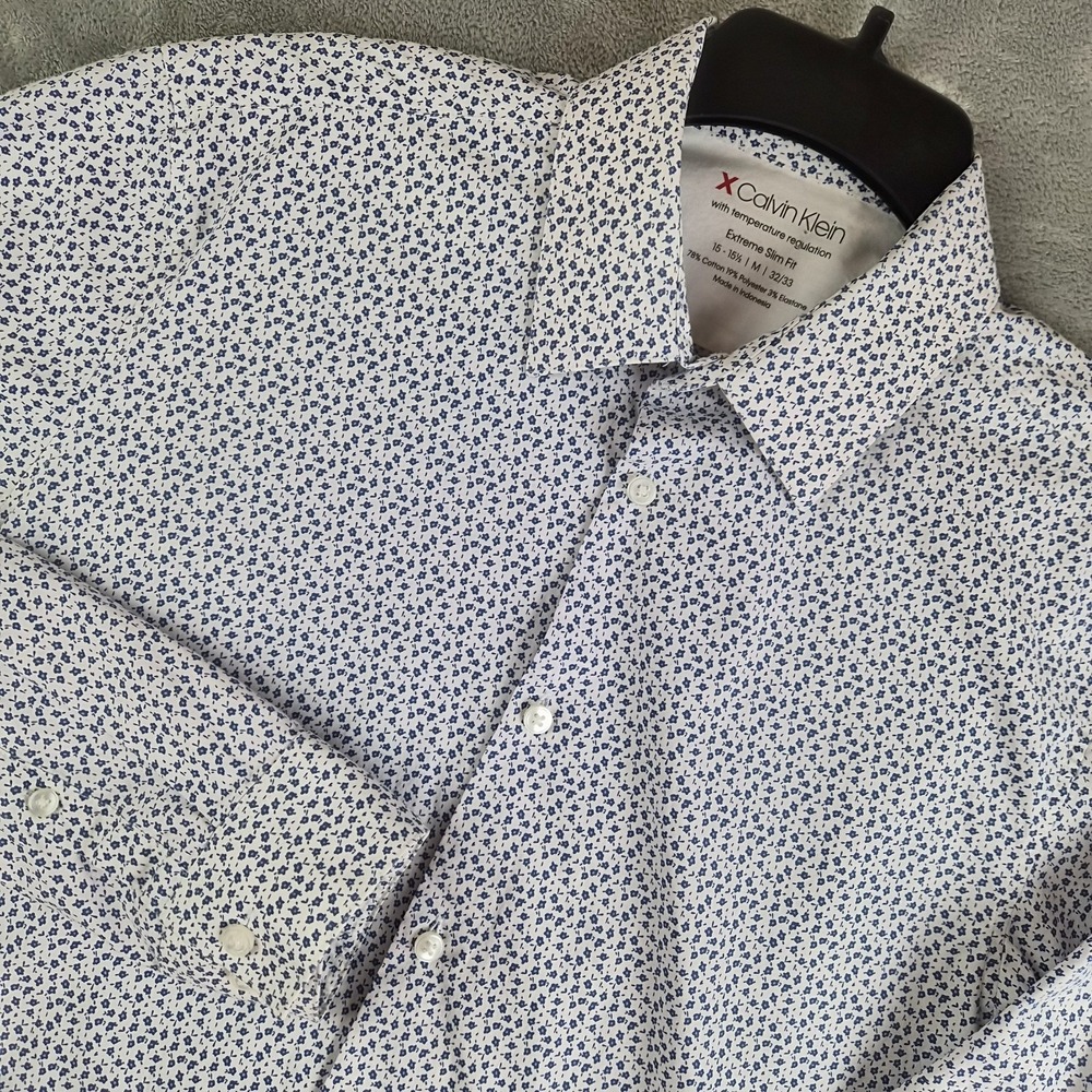 Calvin Klein X Shirt Mens Medium 15/15.5 White Blue Floral Extreme Slim Fit